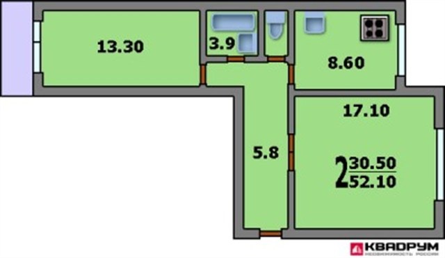 Дома серии п-46 - 3d планировка 2-комнатной квартиры вариант.