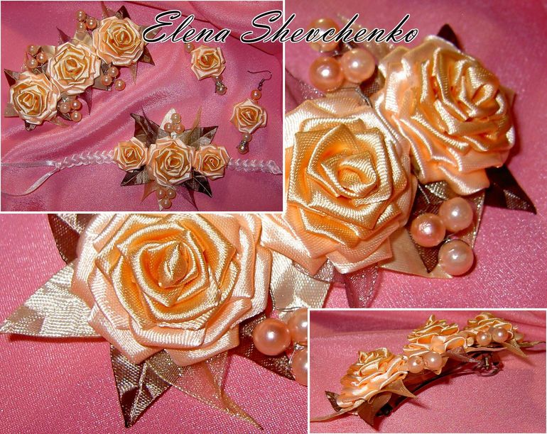 Комплект украшений "Чайные розы": заколочка-автомат для волос, браслетик и серьги. Выполнено из атласных лент, миниатюрные розы сочетают в себе два оттенка персикового цвета: более темный в середине бутона и светлый - по краям цветка.