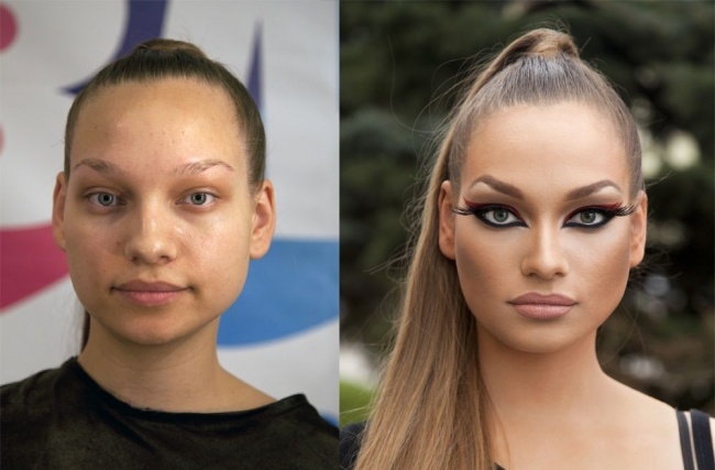 девушки до макияжа и после