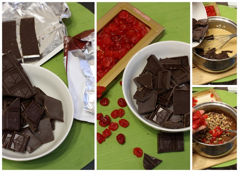 Шоколадный фарж с фисташками и вяленой вишней.