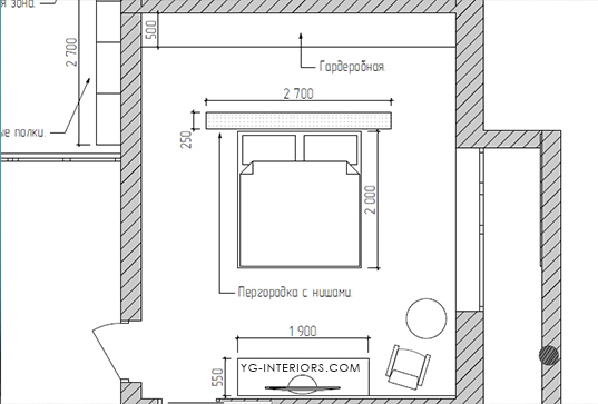 Гардеробная за изголовьем кровати планировка