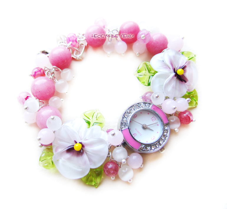 "Розовый пион" наручные часы с бусинами лэмпворк